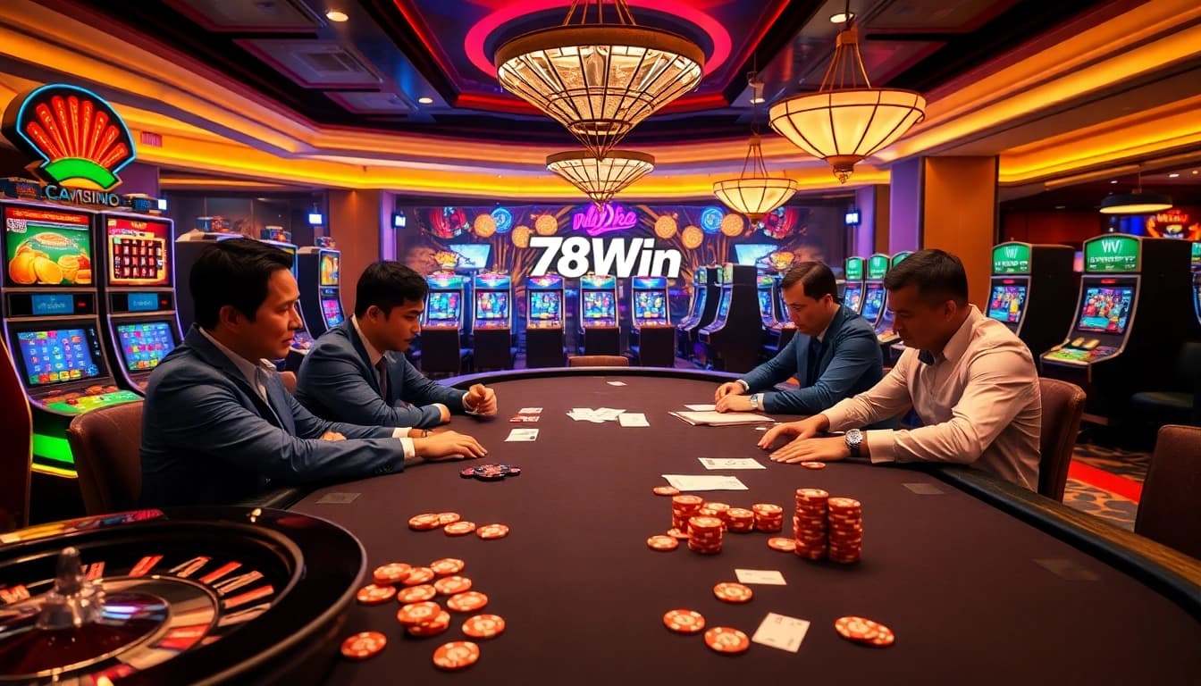 78Win's vibrant casino scene depicting engaging high-stakes poker and slot machines.