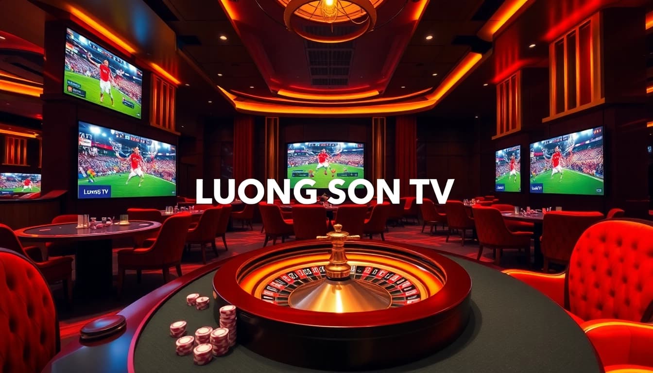 Experience the thrill of gambling at Luong Son TV with a lively casino scene showcasing football matches and vibrant gaming elements.
