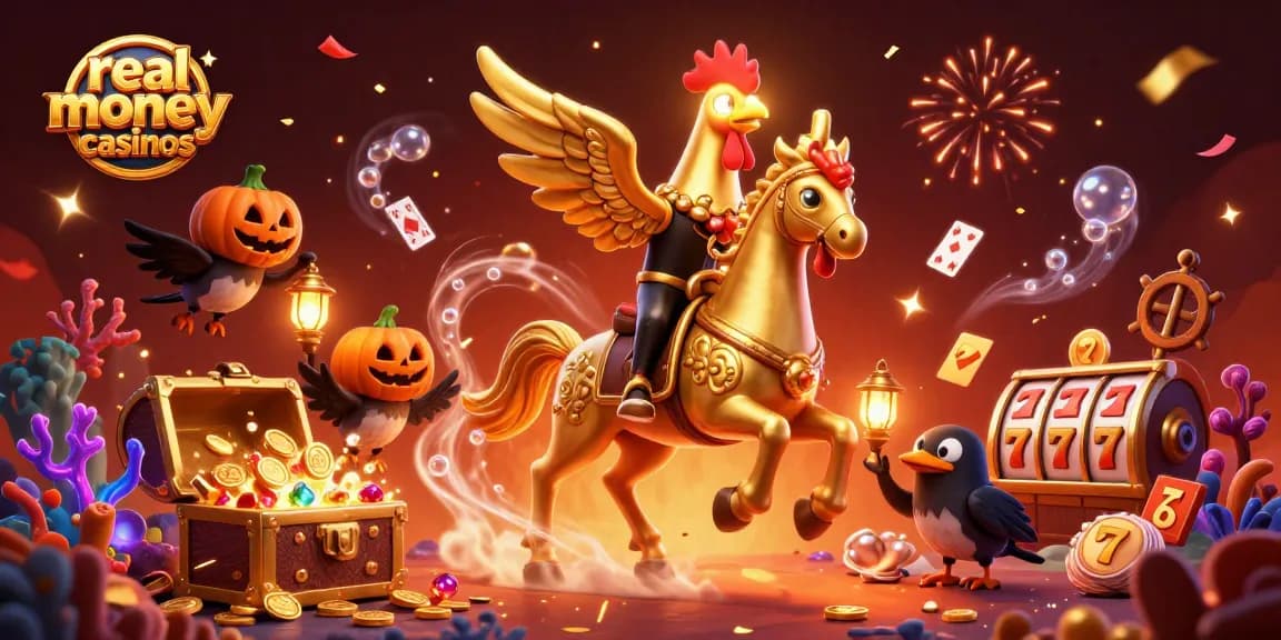 Experience real money casinos with a magical scene featuring a golden rooster and vibrant casino elements.