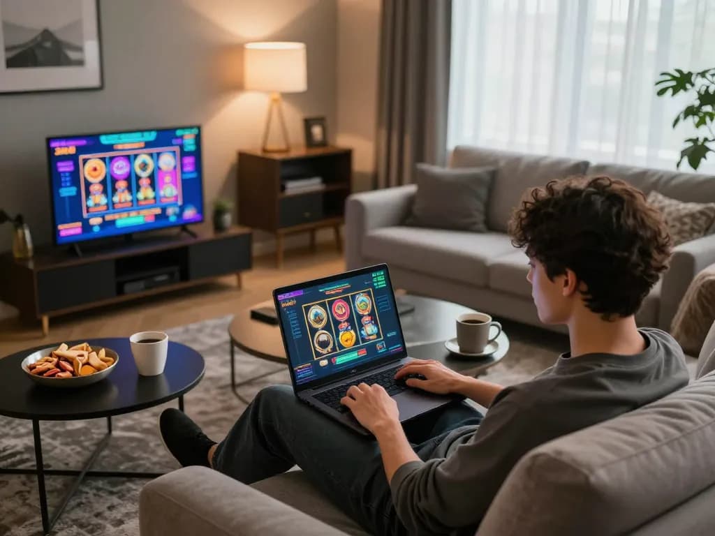 Engaging online gaming experience with QQSLOT on laptop in a cozy living room setting