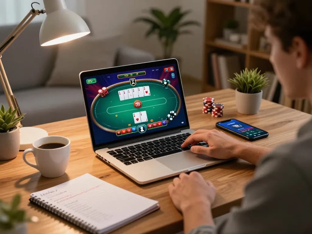 Engaging in online casino gaming at home through https://saobet.deal/ with a laptop displaying live poker game.