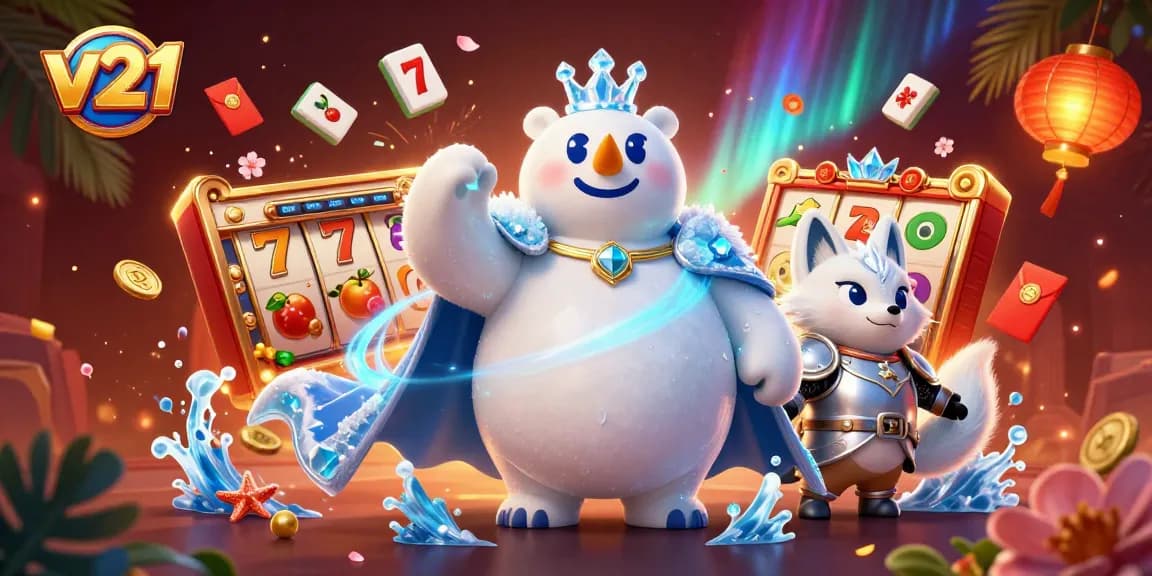Menggoda keberuntungan dengan v21 dan simbol slot mengkilap dalam suasana kasino yang menarik.