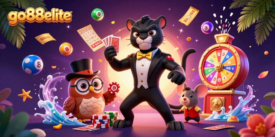 Experience thrilling moments at go88elite with a stylish black panther dealer and friends in a lively casino scene.