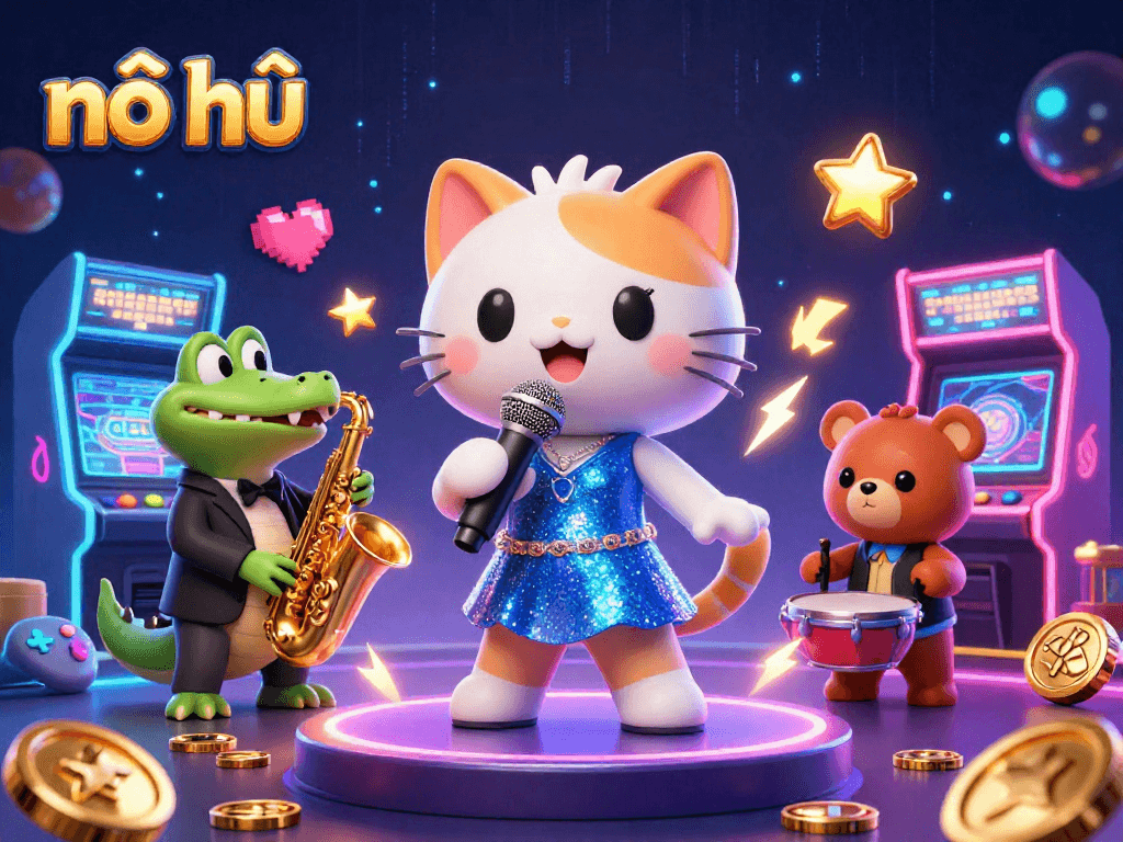 Spin and win with nổ hũ in an energetic casino scene filled with colorful characters and gaming elements.