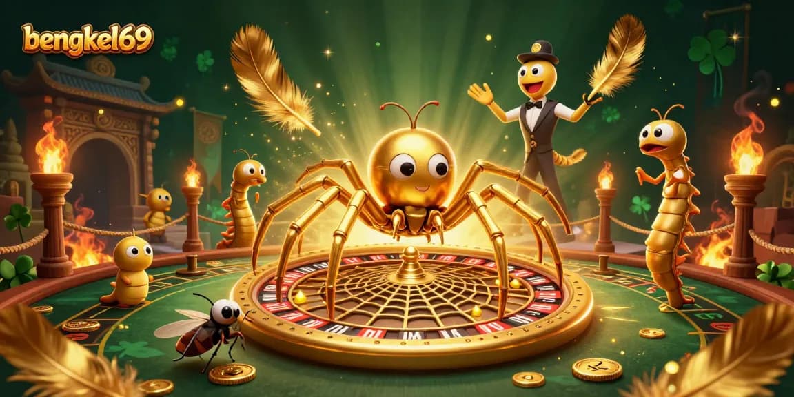 Bengkel69 showcases a vibrant 3D illustration of a spider and centipede in a casino setting, capturing the thrill of betting.