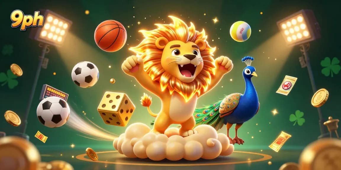 Experience the thrill of 9ph as the cartoon sun lion roars amidst dynamic sports-themed elements.