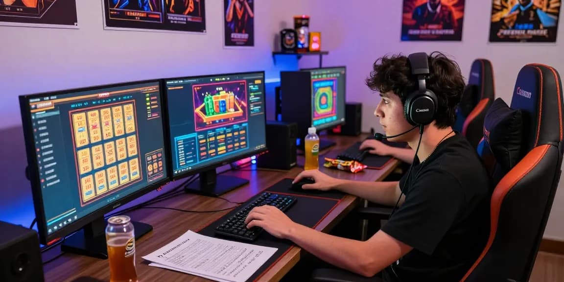 Pemain rajatogel online yang fokus pada game dengan banyak monitor dan peralatan gaming.