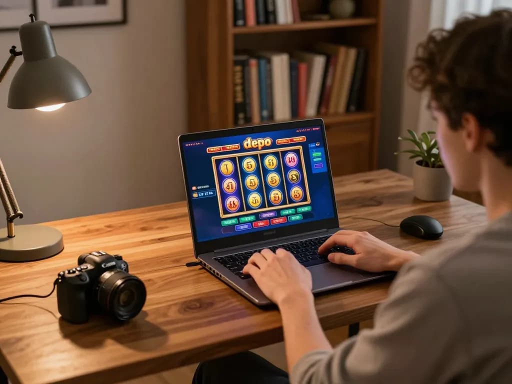 Engaging in slot depo 5k gameplay on a laptop at home, showcasing colorful reels and a cozy atmosphere.