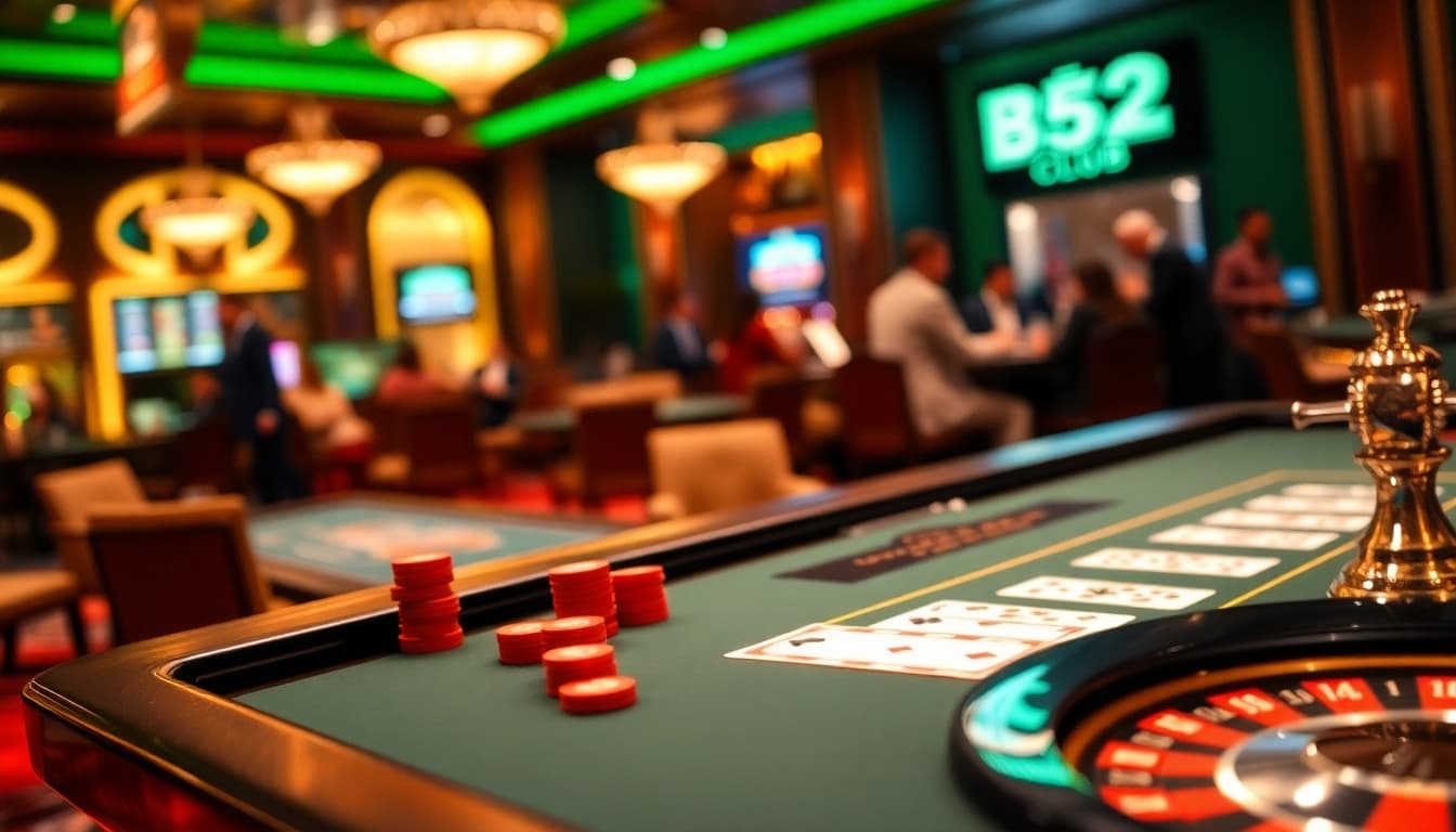 A dynamic gaming scene at B52 Club showcasing vibrant casino tables and poker chips.