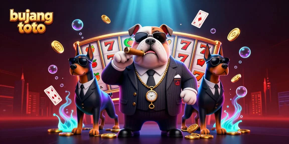 Bujang toto menghadirkan suasana kasino yang menarik dengan simbol slot dan koin emas yang bertebaran.