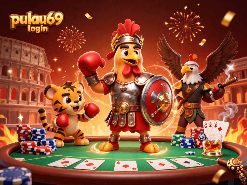 Players engage in pulau69 login excitement amidst colorful poker chips and festive elements.
