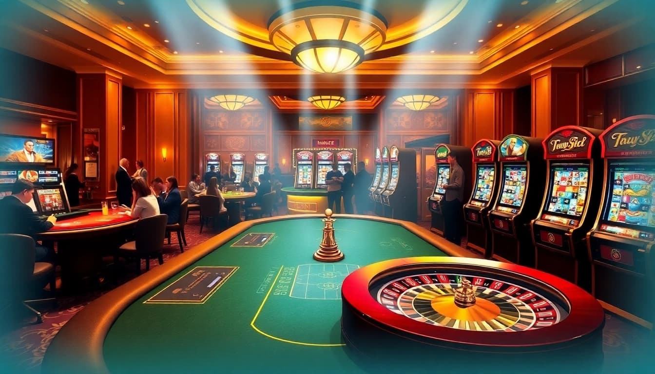 Experience the thrill of gaming at 78Win's exciting casino atmosphere with vibrant tables and dynamic roulette.