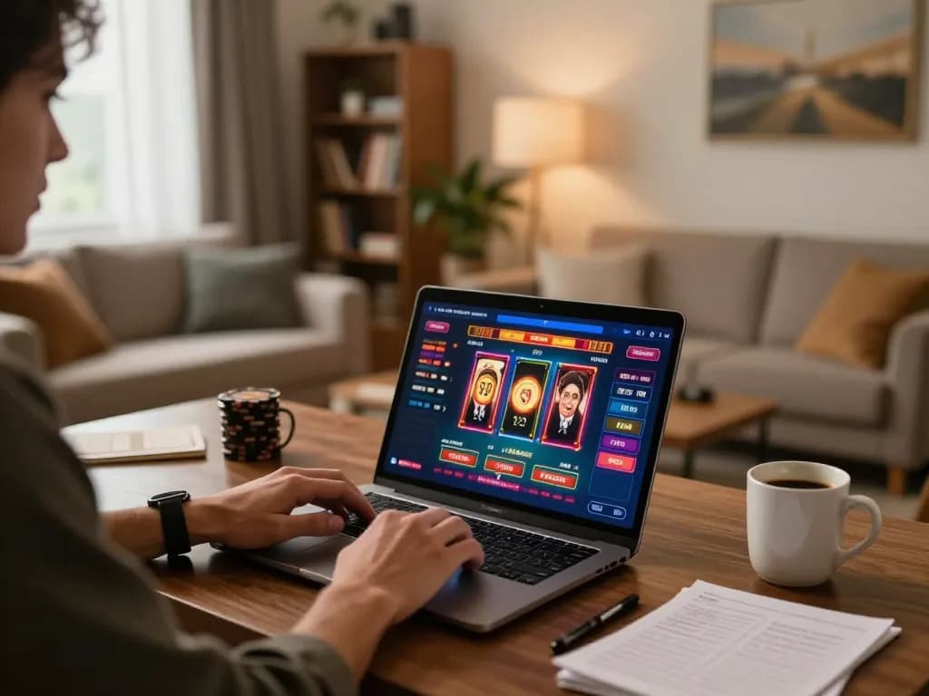 Player engaging with hi88 online casino on laptop, showcasing vibrant screen with poker game.