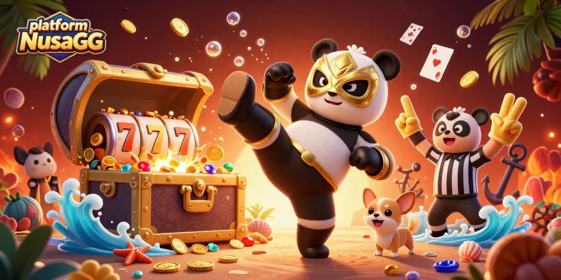 Experience excitement on the platform NusaGG with action-packed casino imagery featuring animated characters and rich game elements.