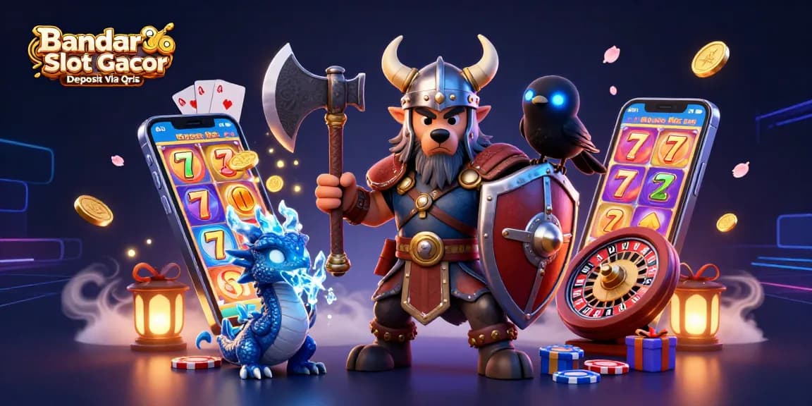 Engage in thrilling gameplay at Bandar Slot Gacor Deposit Via Qris with an exciting 3D illustration of a Viking and dragon.