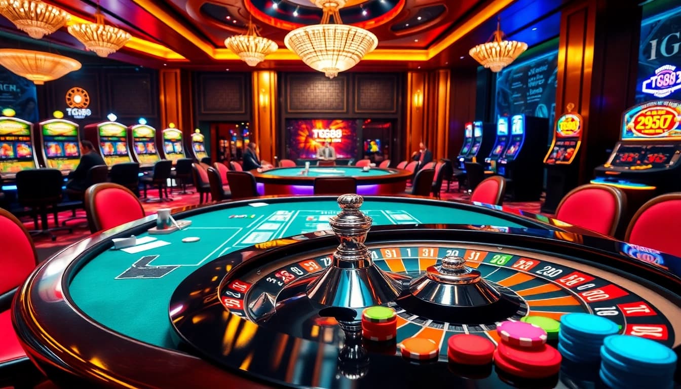 Experience the excitement of TG88 đăng nhập at a luxury casino with vibrant game tables and roulette wheels.