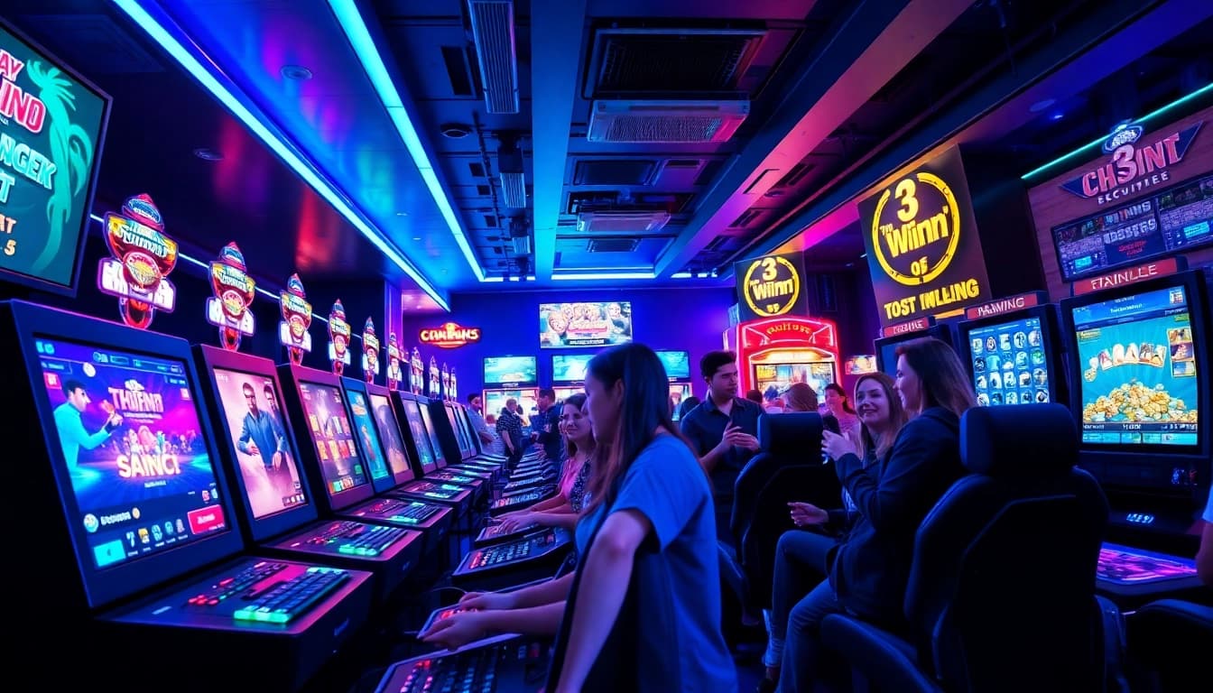 Dynamic gaming lounge at https://3winn.it.com featuring high-tech stations and vibrant social interaction.