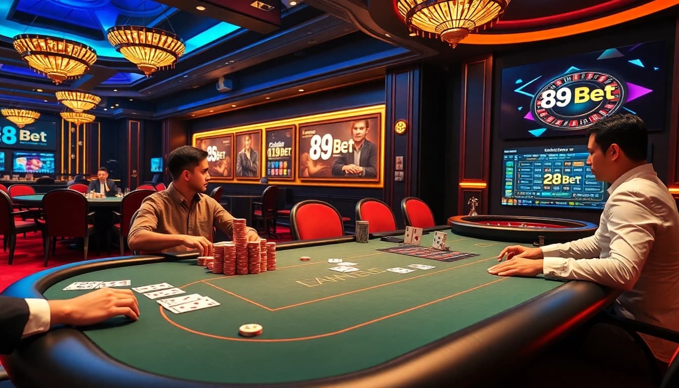 Experience the thrill of 89 Bet with vibrant casino tables and professional poker players.