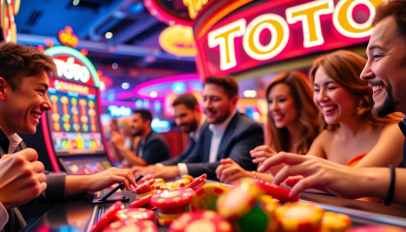 Permainan situs toto dengan token berwarna dan layar elektronik yang menciptakan suasana kasino yang mengasyikkan.
