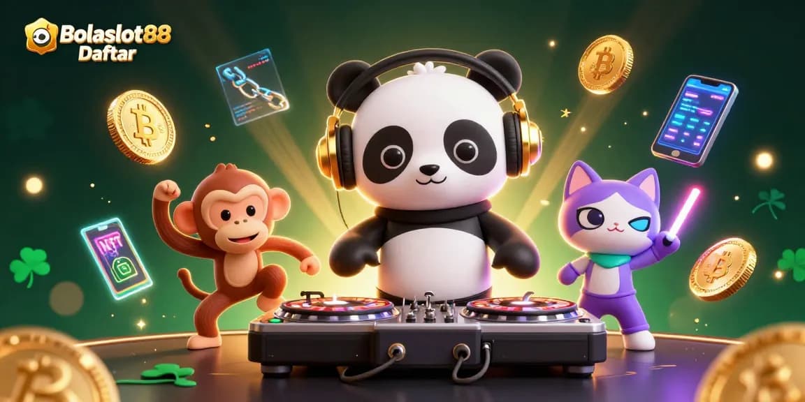 Bolaslot88 Daftar showcases a vibrant 3D casino scene featuring a DJ panda, breakdancing monkey, and a kitten, enhanced with digital currencies.
