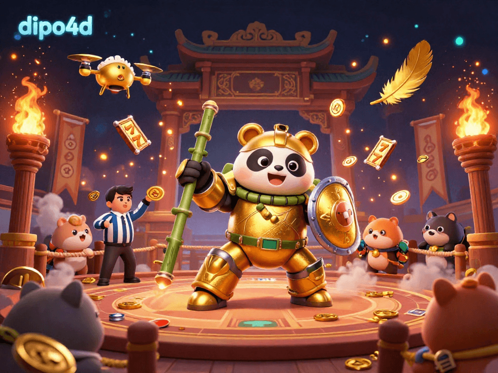Dipo4d showcases exciting gambling action; a golden panda robot fights in an arena with slot reels and cheering spectators.
