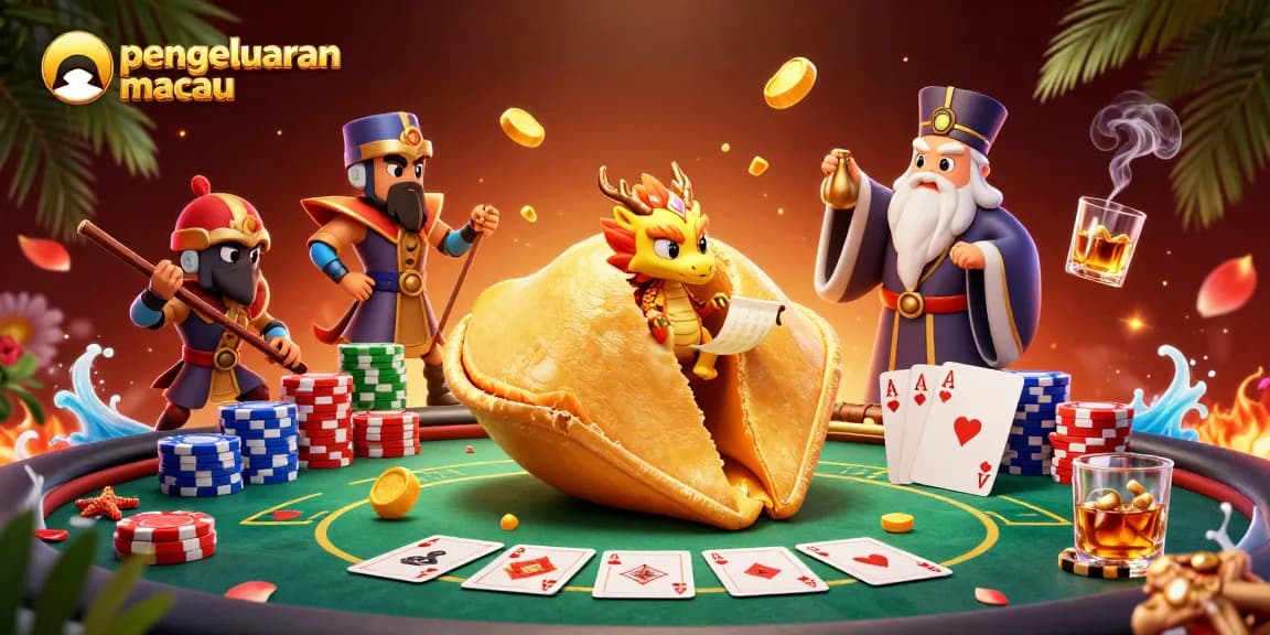 Menghadirkan pengeluaran macau dengan ilustrasi 3D kue keberuntungan dan karakter kasino beraksi.