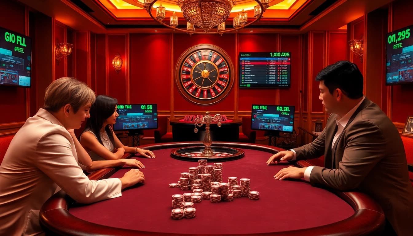 Bola gila players strategize at a high-stakes poker table in a luxurious casino.