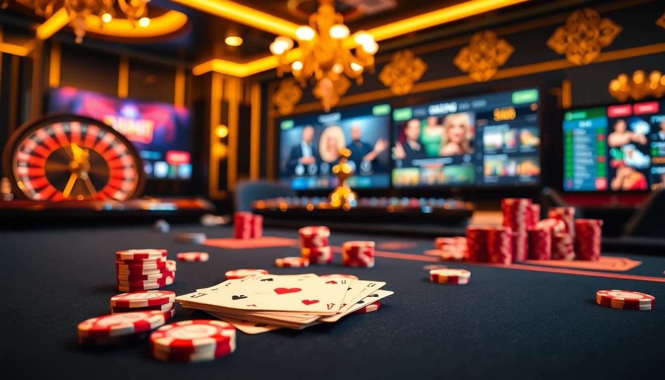 Engaging scene showcasing online gambling with 包网 theme at a professional poker table surrounded by vibrant casino elements.