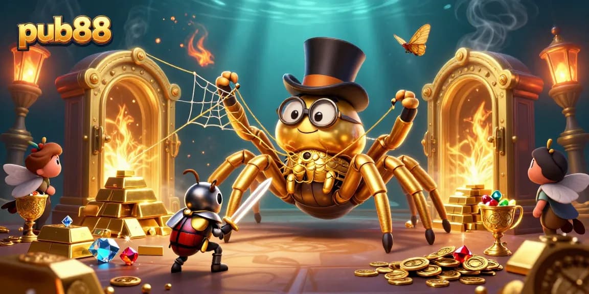 Experience the thrilling world of pub88 with a vibrant casino scene featuring daring characters and treasures.