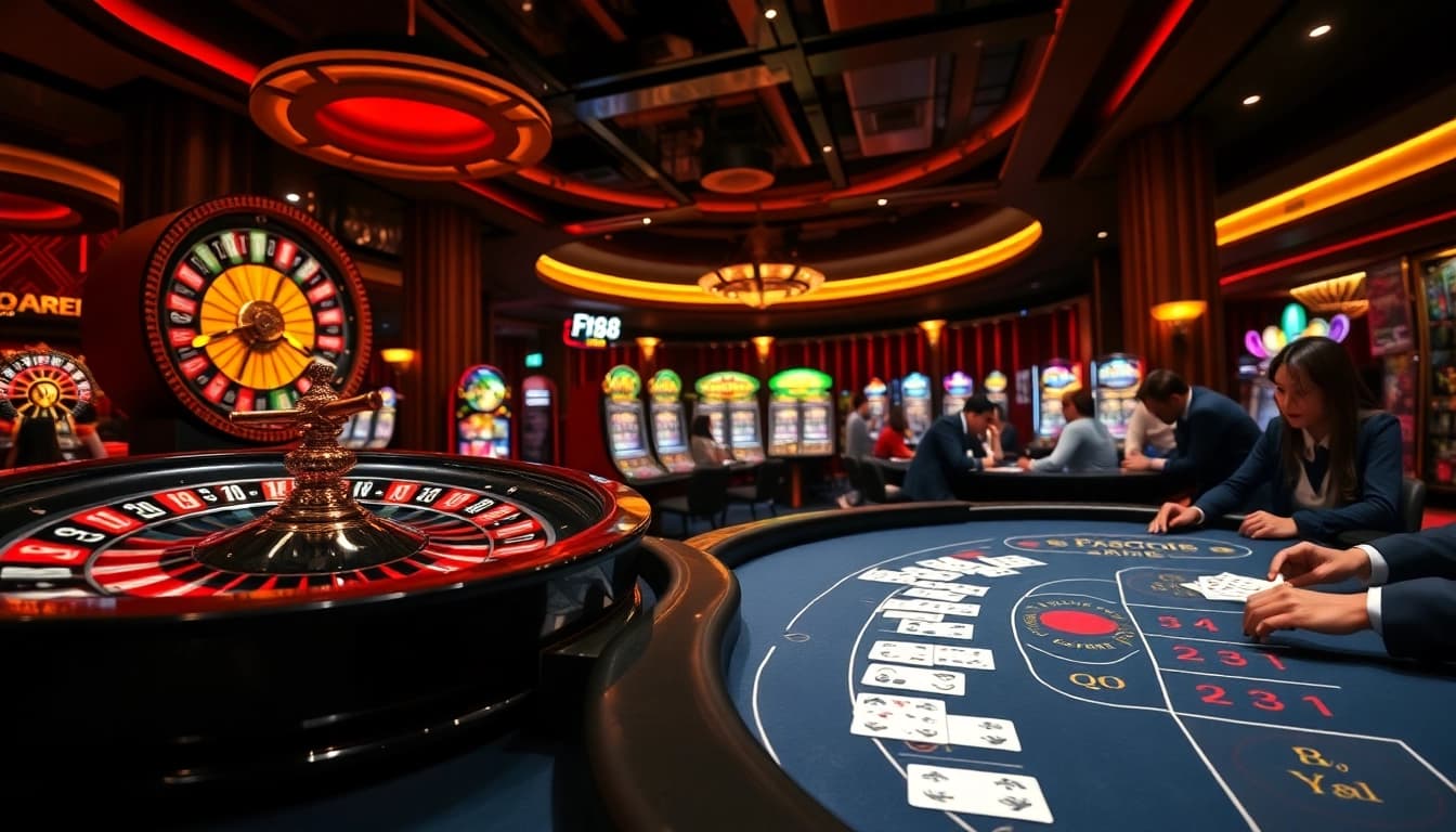 Placing bets at F168’s vibrant casino tables and slot machines, showcasing thrilling gambling excitement.