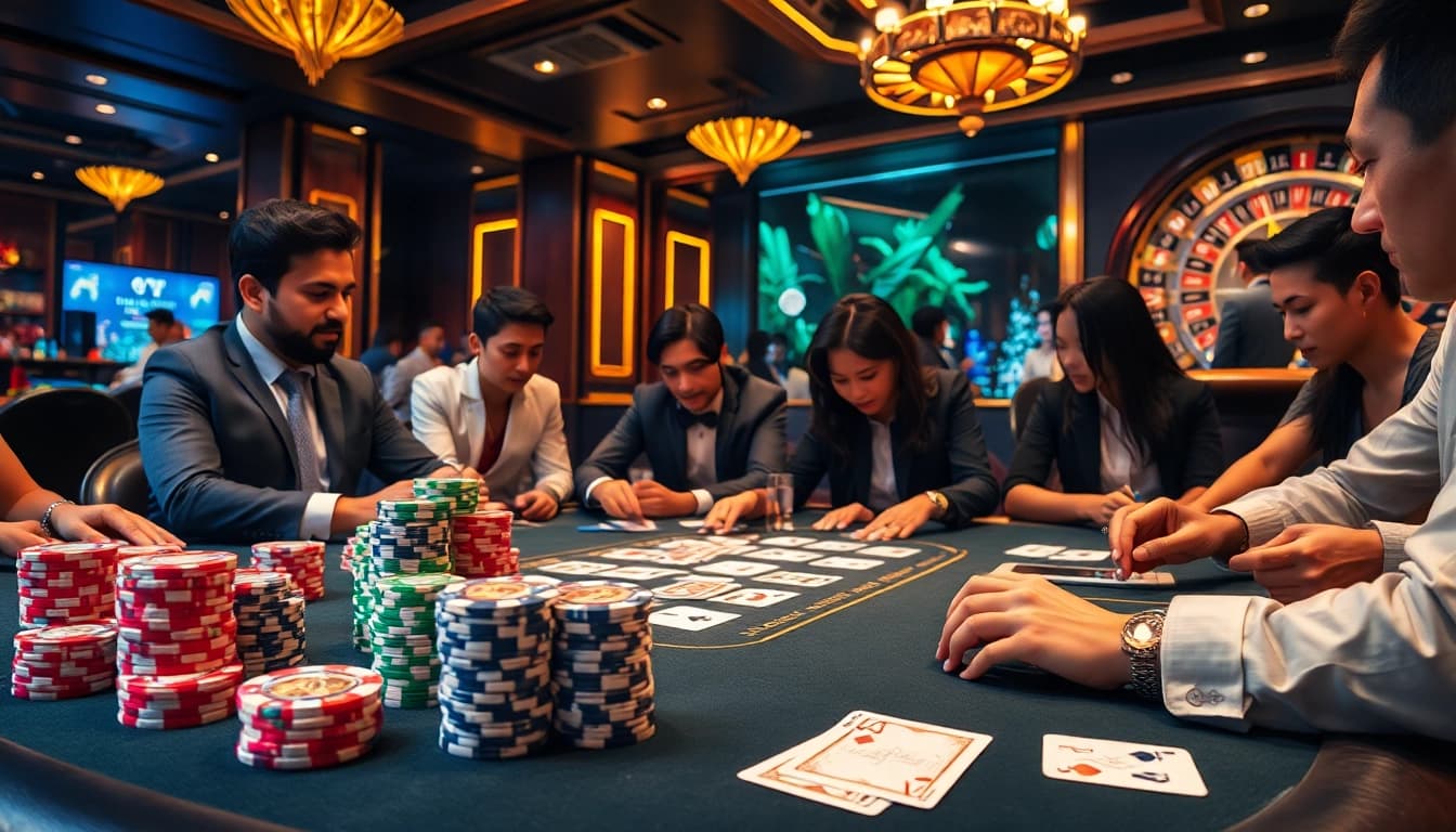 Rasakan sensasi datukwin alternatif dalam permainan poker kelas atas dengan chip berwarna-warni dan pemain yang penuh intensitas.
