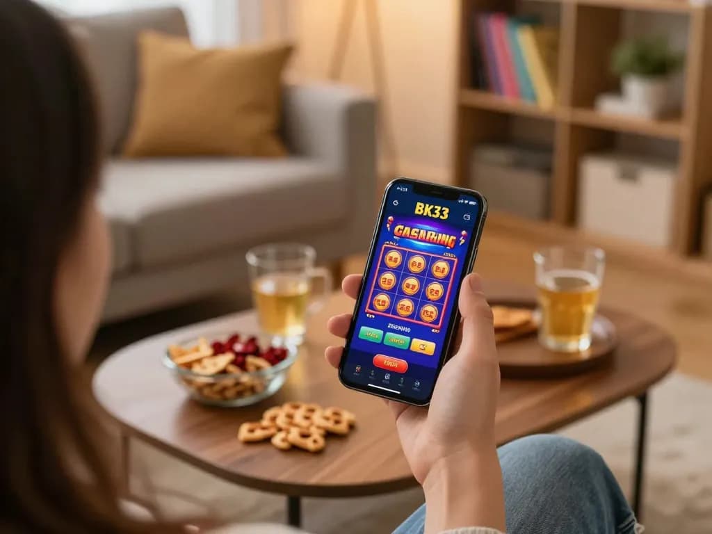 Engaging gameplay on the BK33 app in a cozy home setting, showcasing mobile gambling.