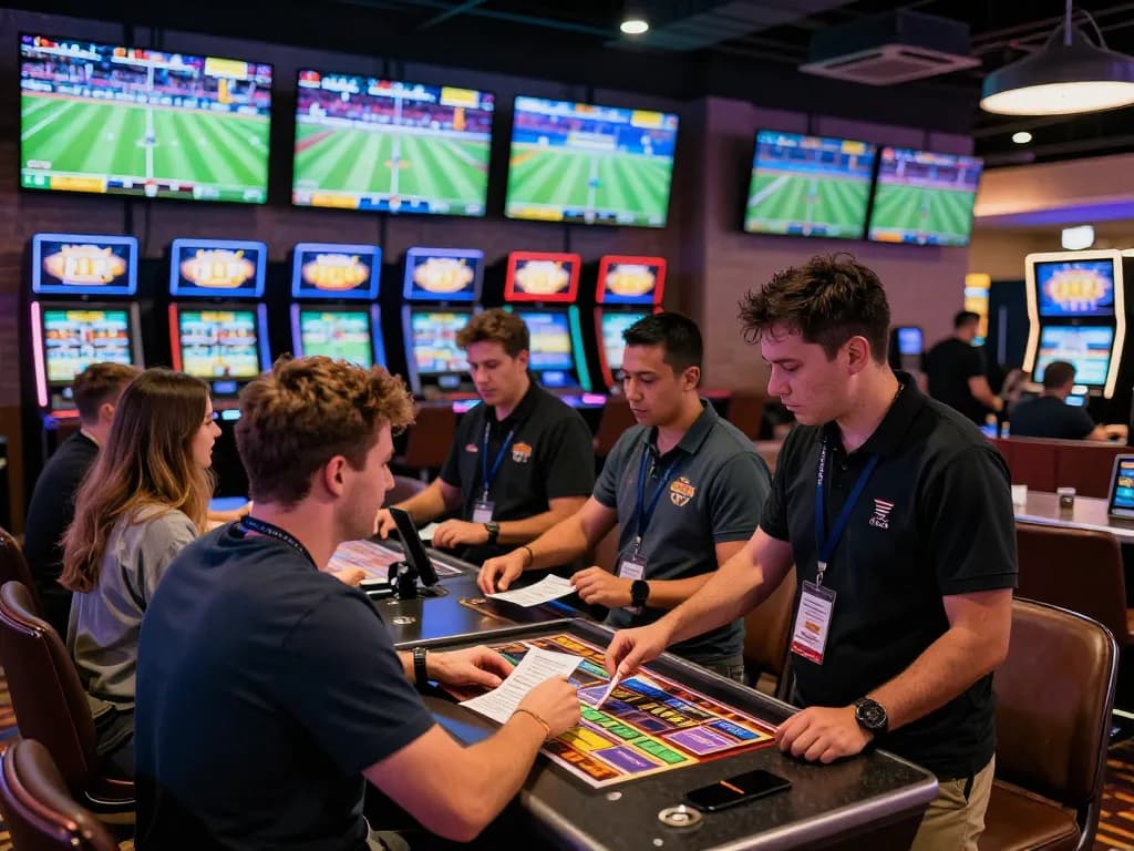 Engaged bettors placing bets on kèo nhà cái amid vibrant sports events at a casino.