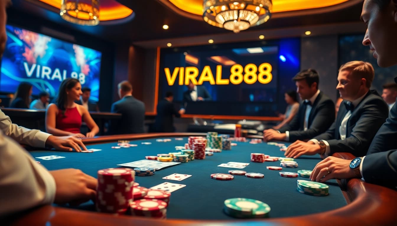 Engage with the VIRAL88 online casino experience at a luxurious poker table with vibrant chips and cards.