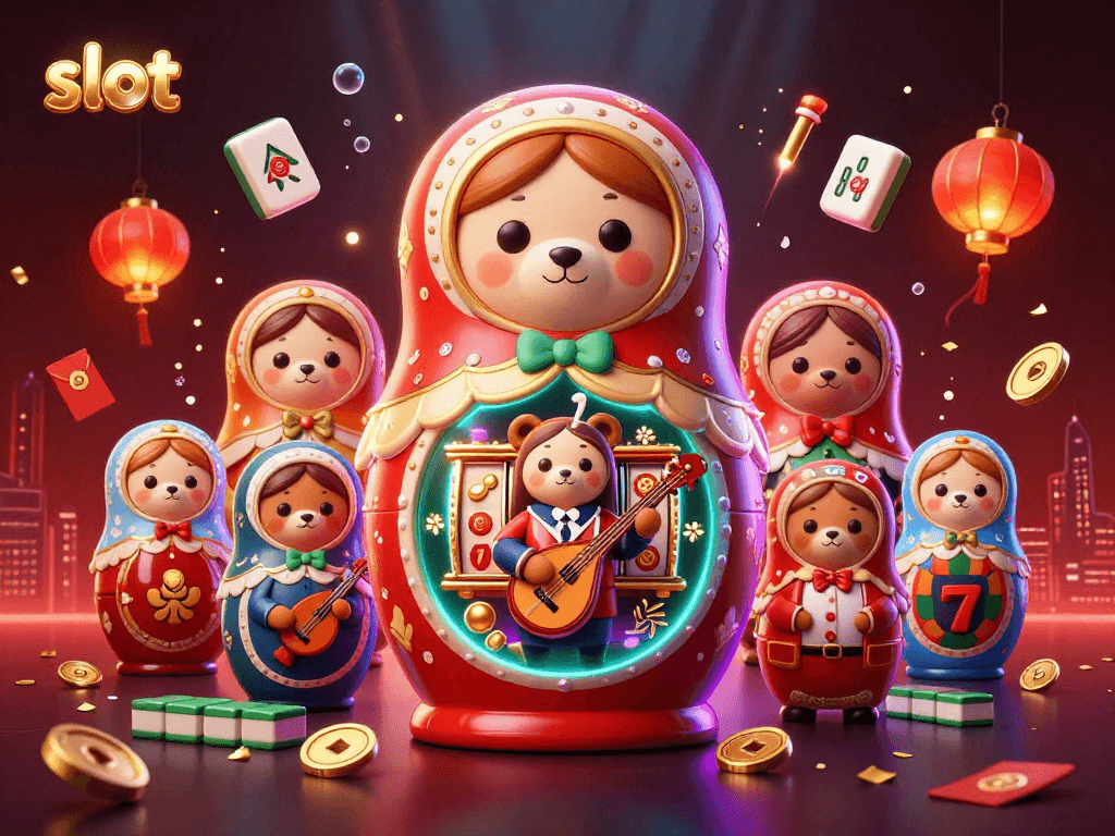 Enjoy the vibrant action of slot games with illustrated bears, festive items, and dynamic elements.
