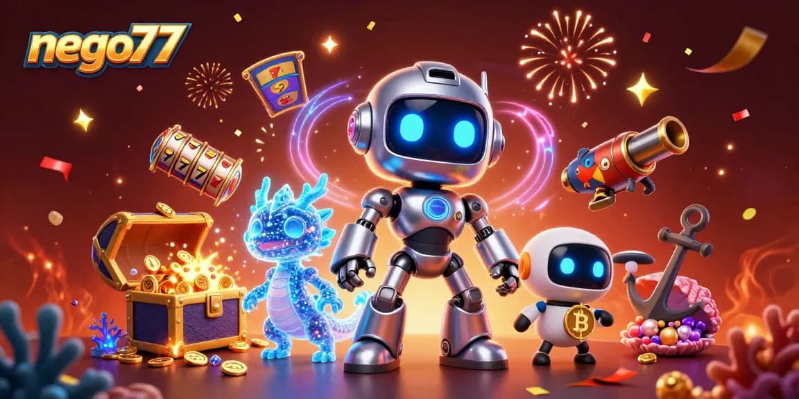 Discover exciting slots with nego77 as a fun-filled 3D illustration features a robot, AI dragon, and bitcoin drone.
