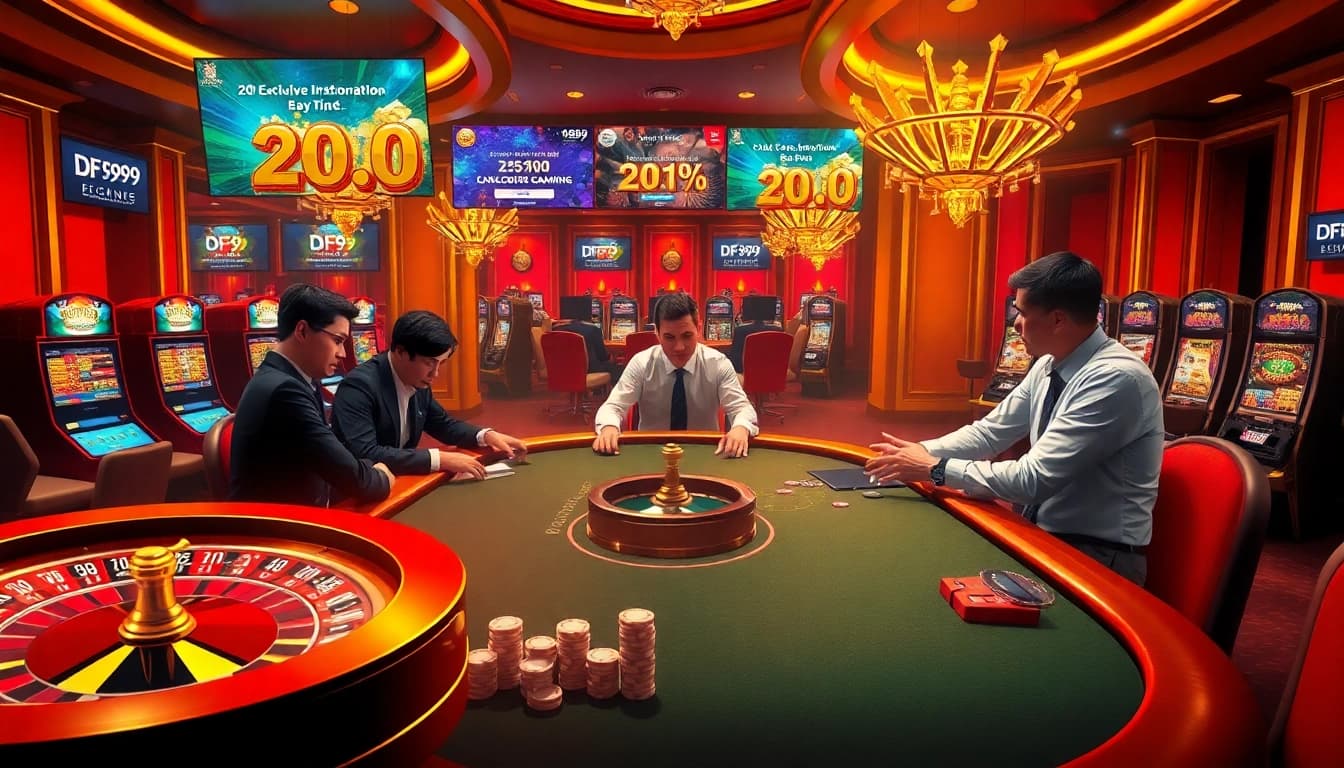 Excited players at a DF 999 casino table, showcasing vibrant poker action and betting excitement.