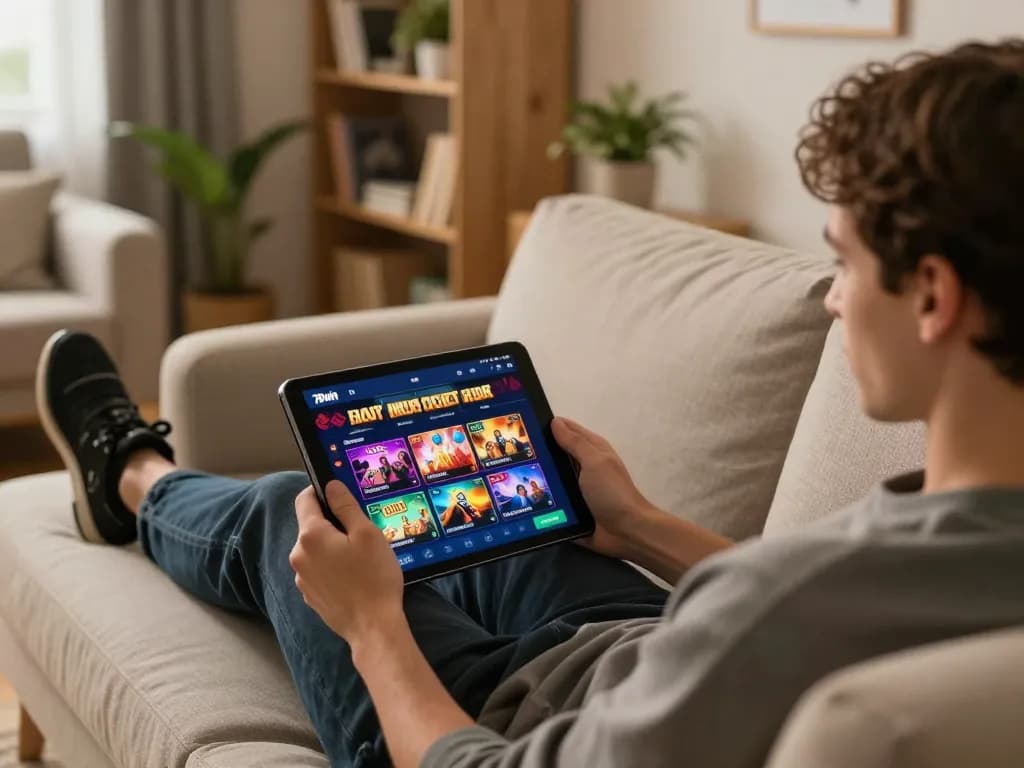 Player enjoying online gambling on 78win app in a cozy home setting with tablet.