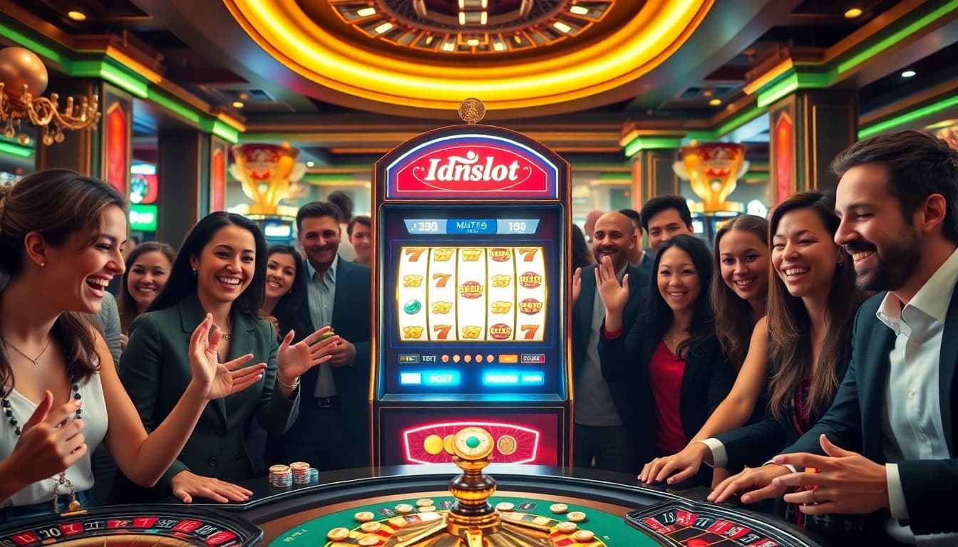 Players enjoying the Idnslot machine at an upscale casino, creating an exciting atmosphere.