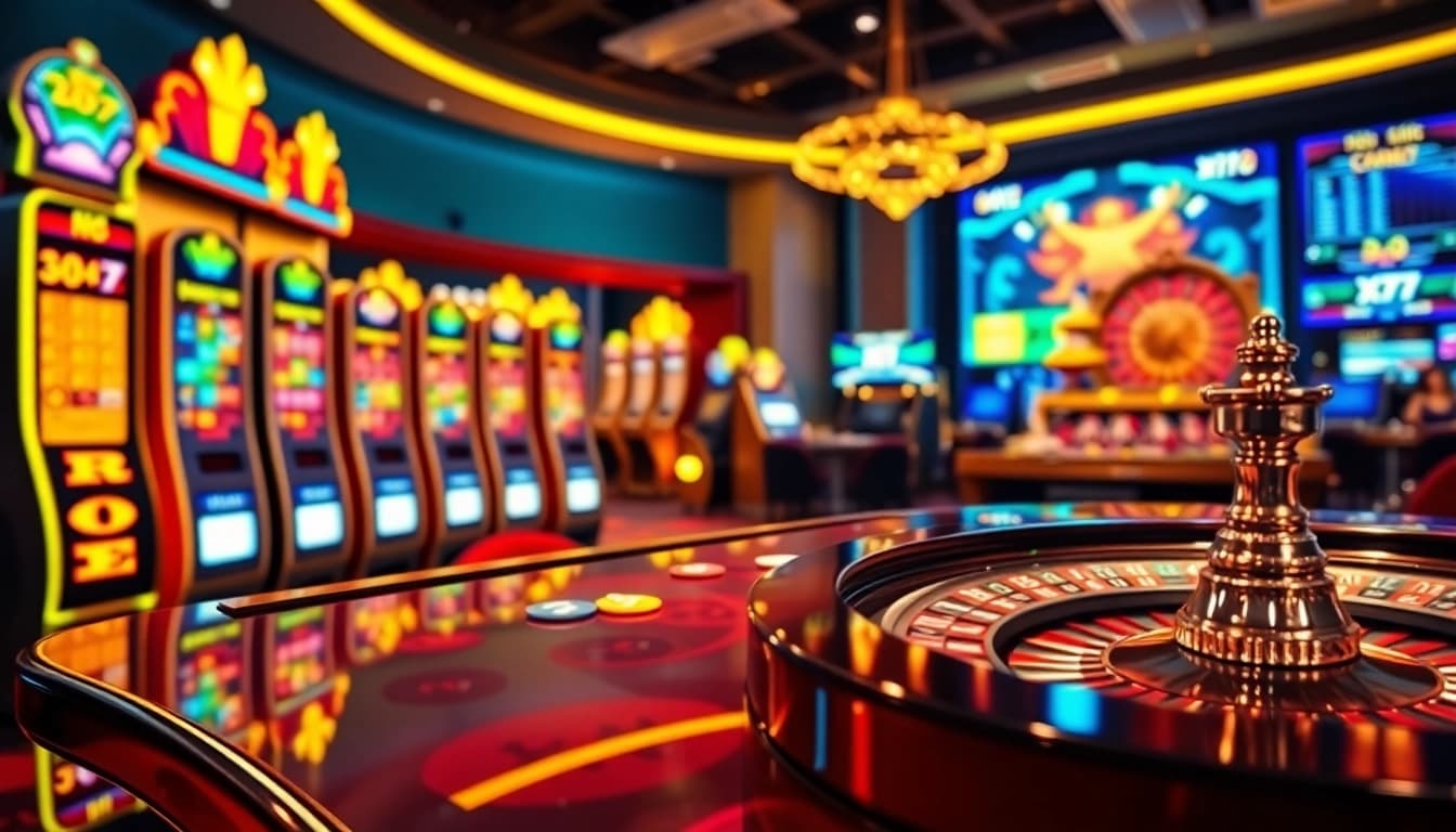 Experience thrilling gambling action at x777 with colorful slot machines and a captivating casino setup.