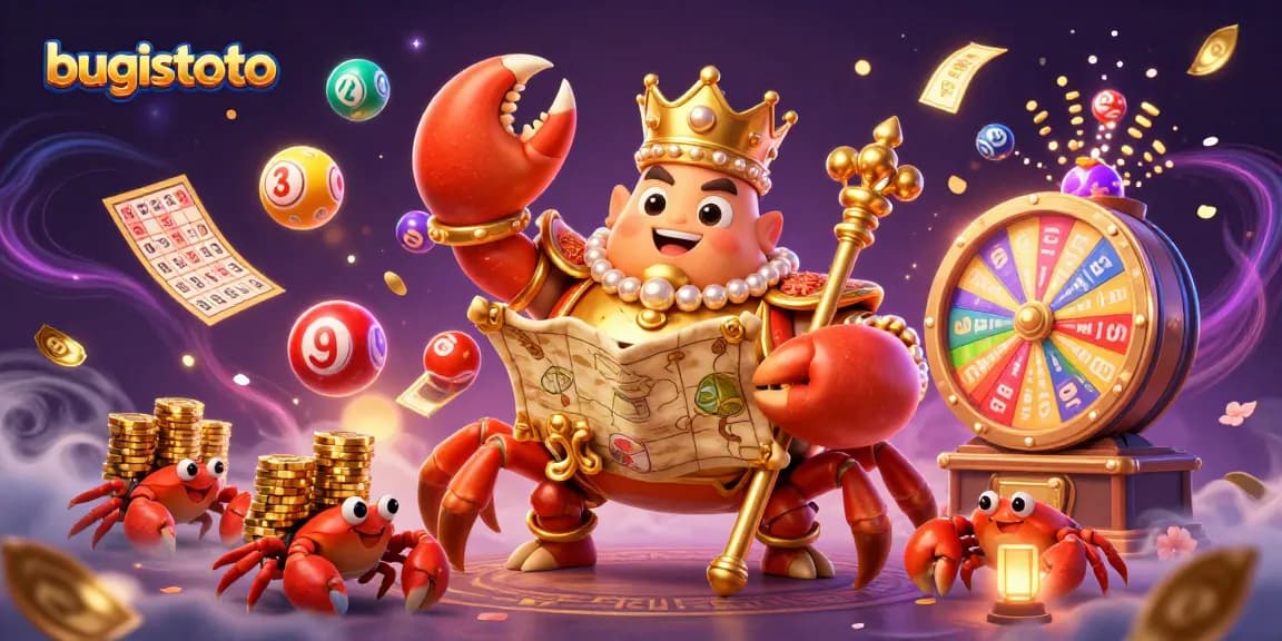 Memenangkan permainan bugistoto dengan gambar crab emas dan berbagai elemen kasino yang meriah.