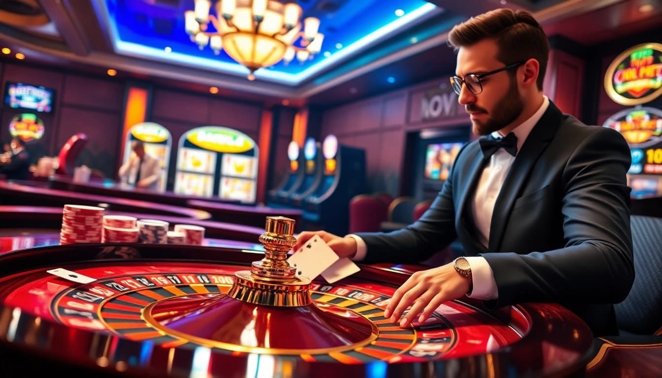 Engaging scene of professional gambling at NA777 with live dealer and vibrant casino games.