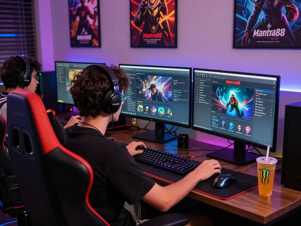 Online gaming scene with player engaging with mantra88.net platform in a vibrant setup