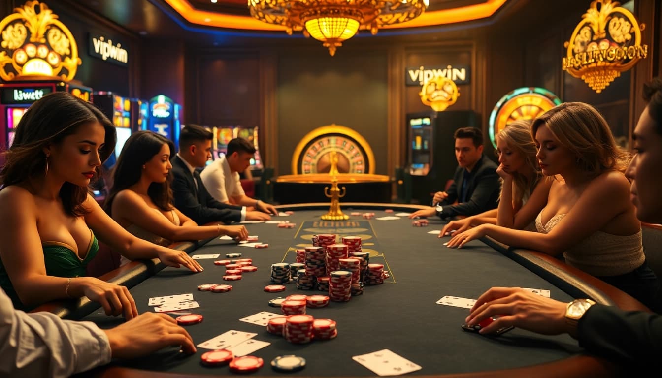 Exciting casino scene featuring players at a luxurious poker table, embodying vipwin's thrilling gambling experience.
