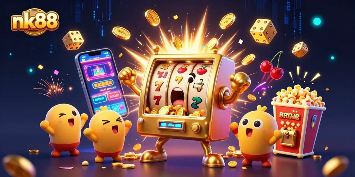 Experience the thrill of nk88 with a golden slot machine hitting the jackpot amidst a vibrant casino scene.