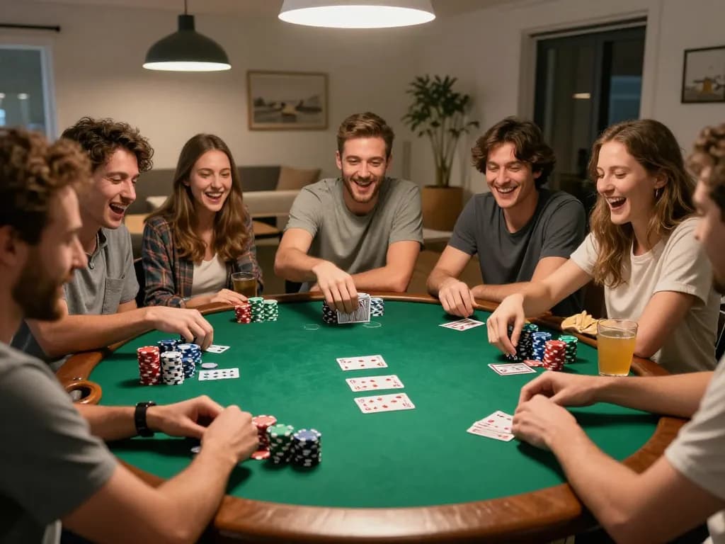 Friends enjoy a lively poker game at home using strategies from https://daga88.free/ in a competitive yet friendly atmosphere.