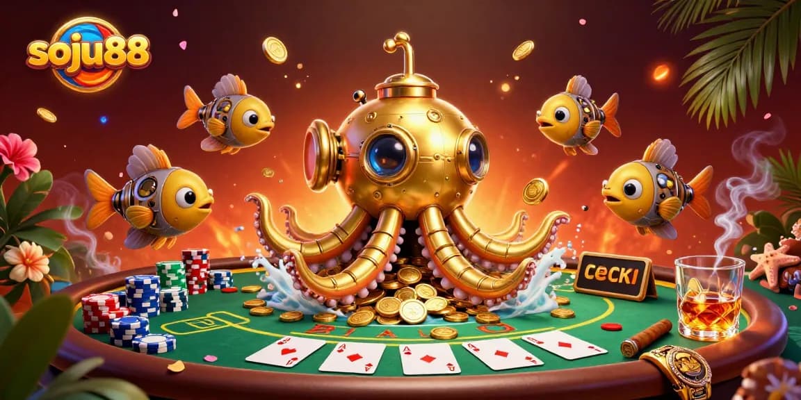 Experience soju88's thrilling poker action with vibrant 3D illustration showcasing a golden kraken and poker chips.