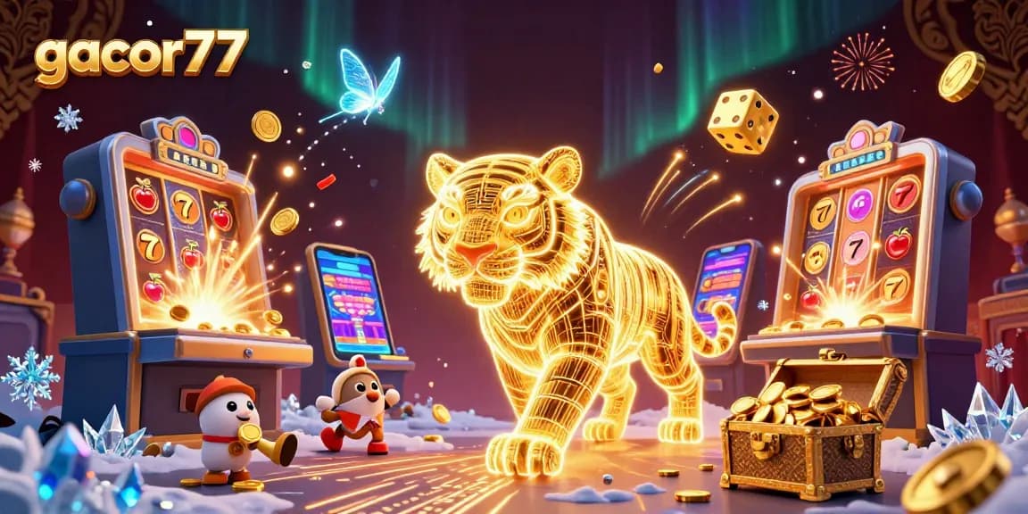 Menggali jackpot gacor77 di kasino digital dengan harimau emas bercahaya dan mesin slot megah.