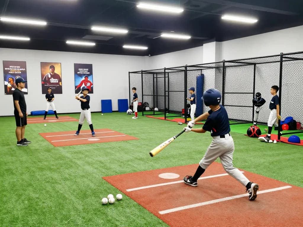 Hitclub athletes practicing batting skills in a vibrant training facility with motivational elements.
