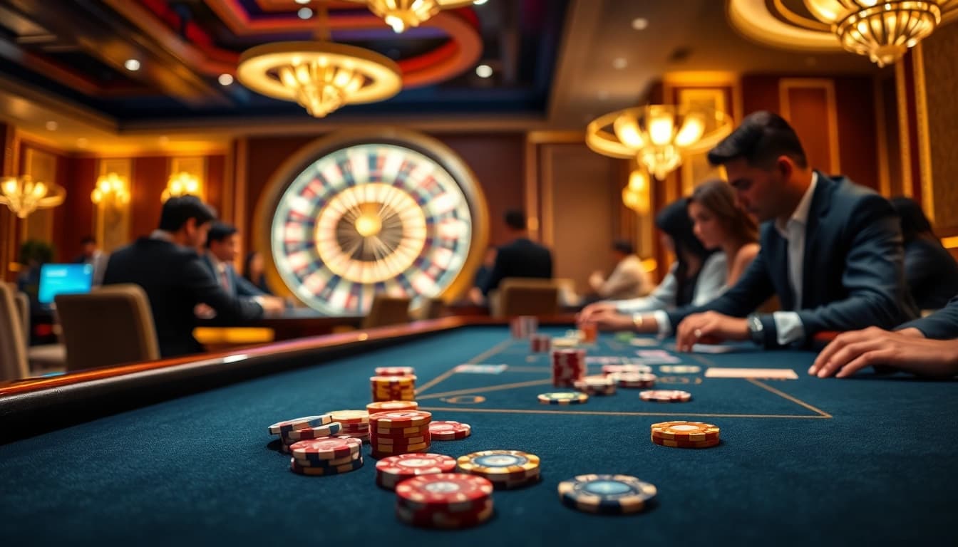 Engage with SC88's thrilling casino experience featuring poker chips and a roulette wheel.